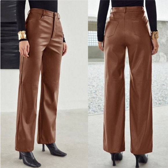 brown faux leather wide legged pants - Picture 2 of 8